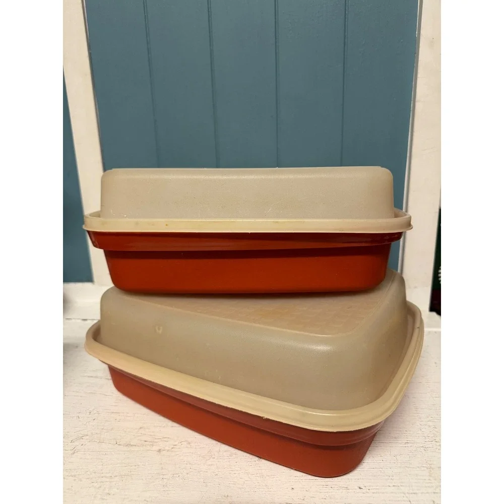 Vintage Tupperware Microwave Reheatables Set 2 Orange Almond Rectangular 794 795